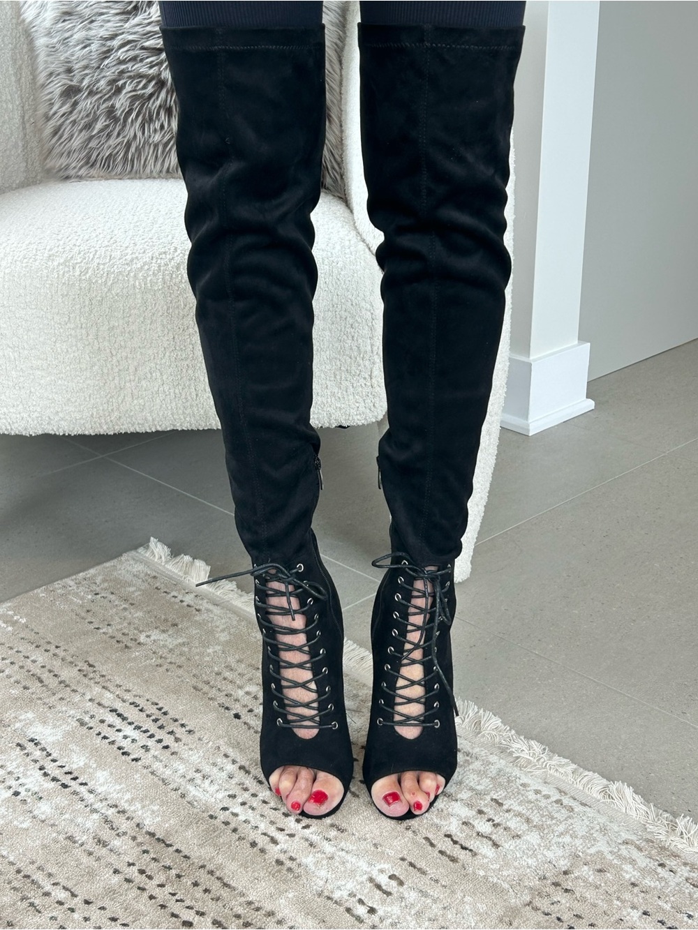 Gorgeous Wild Diva Black Peep toe Lace-Up Over-the-Knee Boots❤️8.5